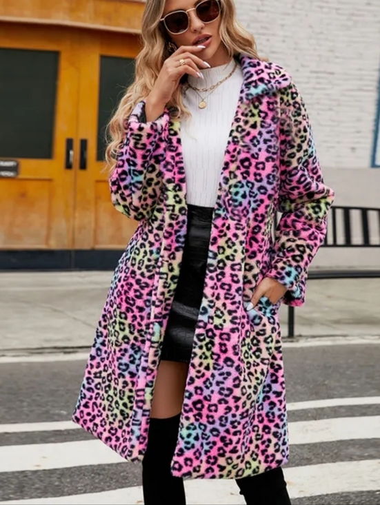 Jackets & Blazers - Multicolor Pastel Leopard Faux Fur Coat